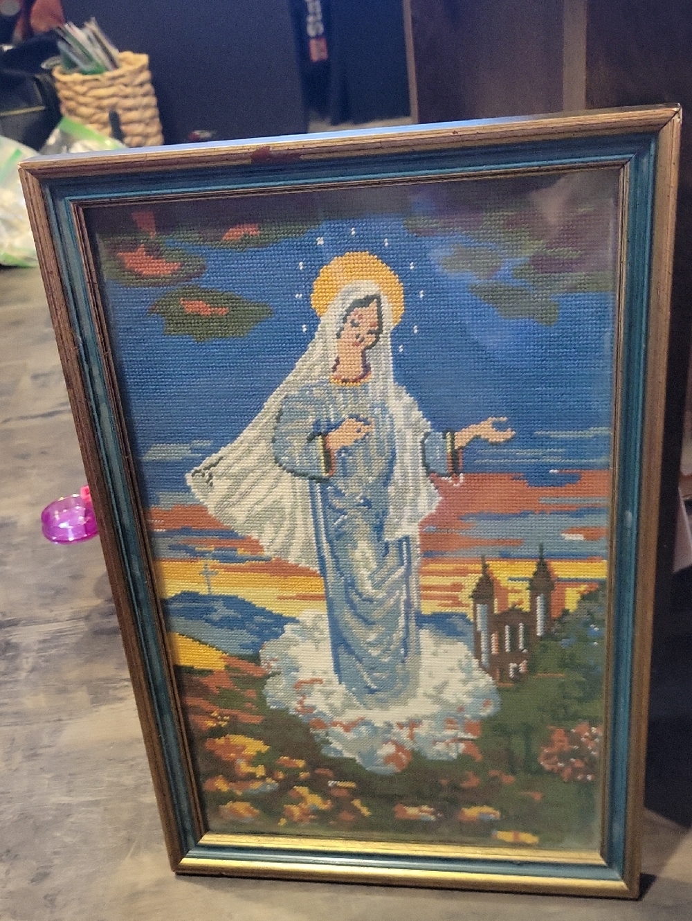 Virgin Mary "Vision" Tapestry/ Cross Stitch Framed Antique/ 1930